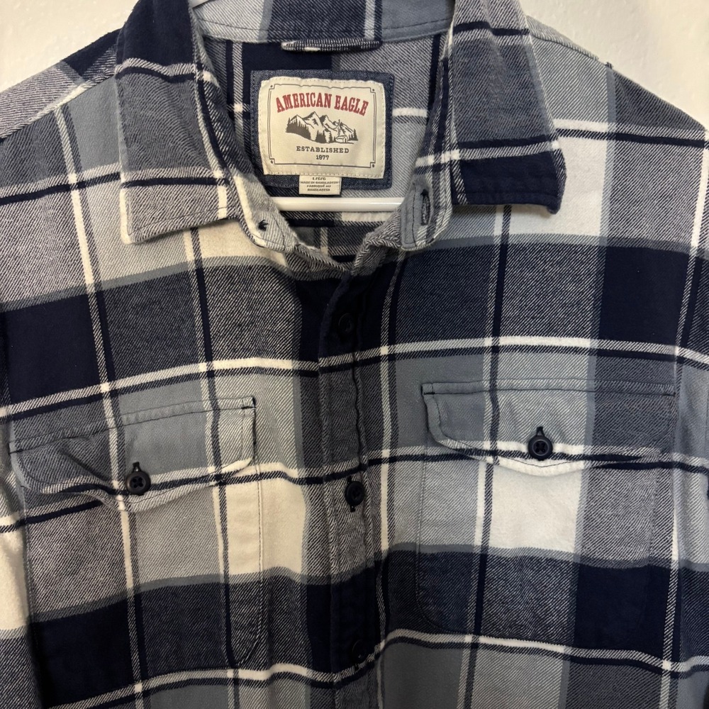 American Eagle Mens Blue White Plaid Flannel‎ Button Down Shirt Large L